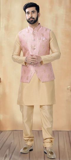 Gold color Kurta Pyjama with Jacket in Silk fabric with Thread work