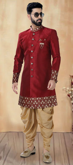 Red and Maroon color IndoWestern Dress in Silk fabric with Stone, Weaving work