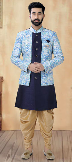 Blue color IndoWestern Dress in Silk fabric with Embroidered, Sequence, Thread work