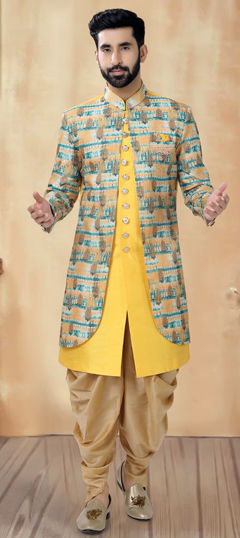 Yellow color IndoWestern Dress in Silk fabric with Embroidered, Sequence, Thread work