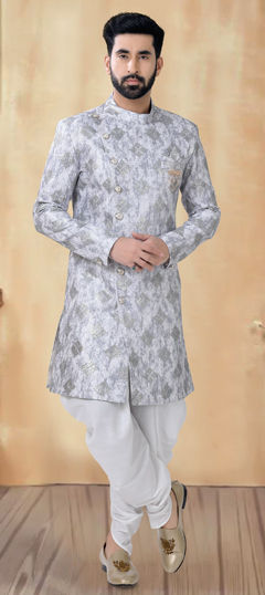 Black and Grey color IndoWestern Dress in Silk fabric with Sequence, Thread work