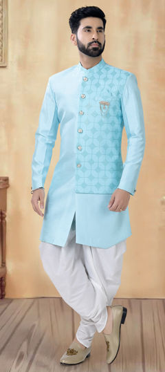 Blue color IndoWestern Dress in Silk fabric with Embroidered, Sequence, Thread work