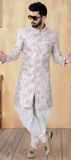 Gold color IndoWestern Dress in Silk fabric with Embroidered, Sequence, Thread work