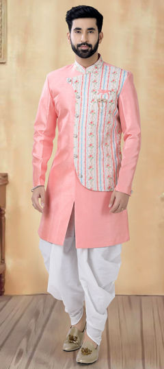 Pink and Majenta color IndoWestern Dress in Silk fabric with Embroidered, Sequence, Thread work