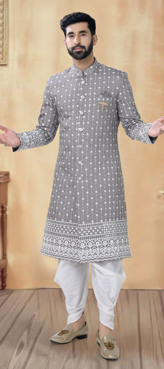 Black and Grey color Sherwani in Silk fabric with Embroidered, Sequence, Thread work