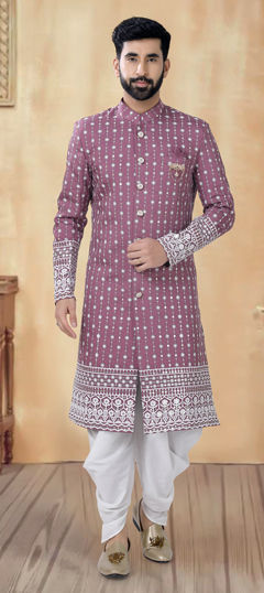 Pink and Majenta color Sherwani in Cotton fabric with Embroidered, Sequence, Thread work