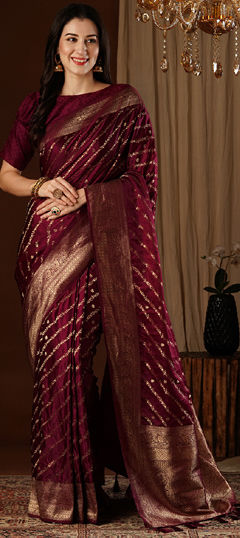 Red and Maroon color Saree in Satin Silk fabric with Weaving work