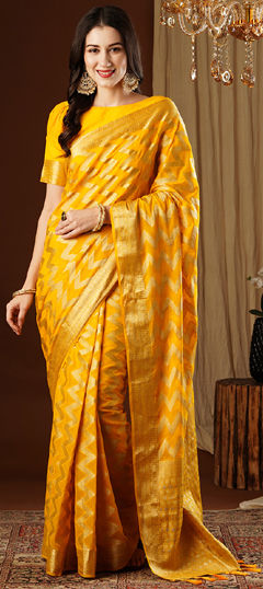 Yellow color Saree in Georgette fabric with Weaving work