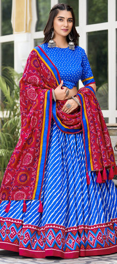 Blue color Lehenga in Tussar Silk fabric with Bandhej, Lehariya, Printed work