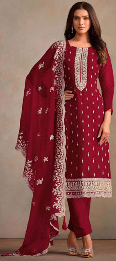 Festive, Party Wear, Reception Red and Maroon color Salwar Kameez in Organza Silk fabric with Pakistani, Straight Embroidered, Thread work : 1962111