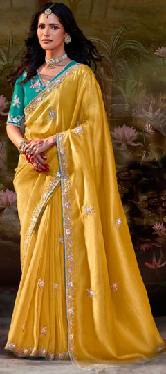 Yellow color Saree in Chiffon, Organza Silk fabric with Embroidered, Sequence, Thread work