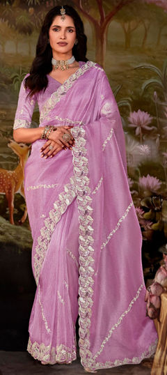 Pink and Majenta color Saree in Organza Silk fabric with Embroidered, Sequence, Thread work
