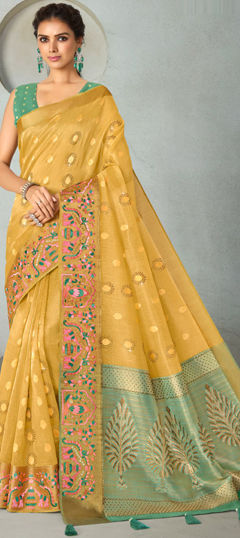 Yellow color Saree in Silk fabric with Embroidered, Resham, Weaving, Zircon work