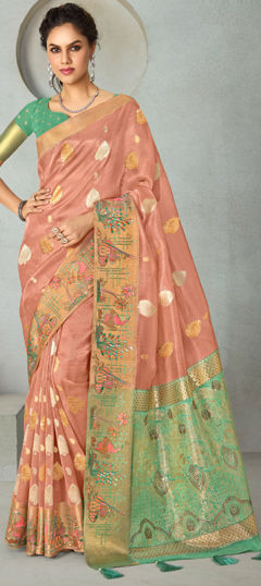 Beige and Brown color Saree in Silk fabric with Embroidered, Resham, Weaving, Zircon work