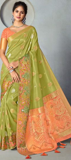 Green color Saree in Silk fabric with Embroidered, Resham, Weaving, Zircon work