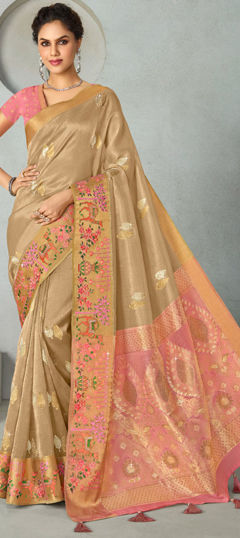 Beige and Brown color Saree in Silk fabric with Embroidered, Resham, Weaving, Zircon work