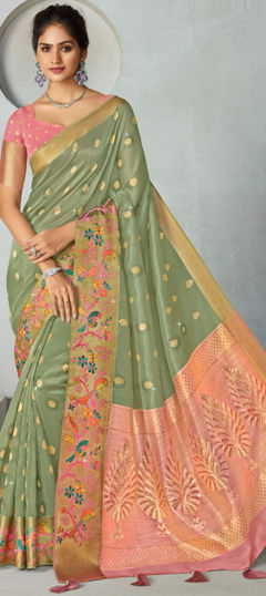 Green color Saree in Silk fabric with Embroidered, Resham, Weaving, Zircon work