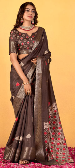 Beige and Brown color Saree in Art Silk fabric with Foil Print, Weaving work