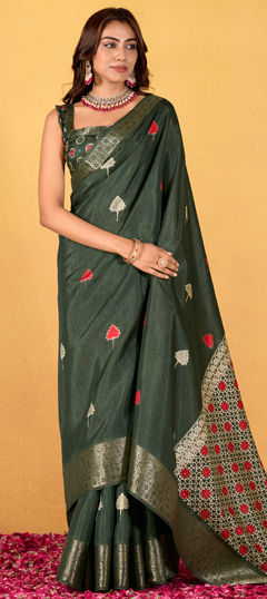 Green color Saree in Art Silk fabric with Foil Print, Weaving work