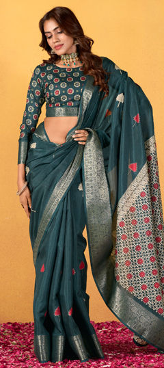 Blue color Saree in Art Silk fabric with Foil Print, Weaving work