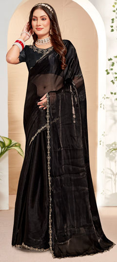 Black and Grey color Saree in Silk fabric with Zircon work