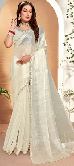 White and Off White color Saree in Silk fabric with Zircon work