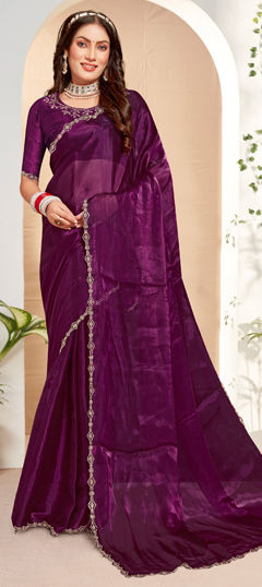 Purple and Violet color Saree in Silk fabric with Zircon work