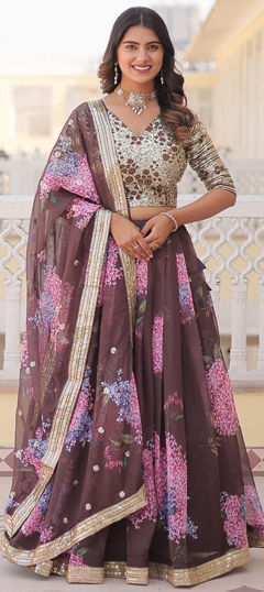 Beige and Brown color Lehenga in Silk fabric with Digital Print, Embroidered, Sequence work
