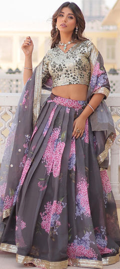 Black and Grey color Lehenga in Silk fabric with Digital Print, Embroidered, Sequence work