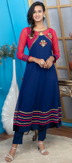 Blue color Salwar Kameez in Georgette fabric with Bugle Beads, Gota Patti work