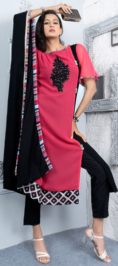 Pink and Majenta color Salwar Kameez in Georgette fabric with Embroidered, Mirror, Swarovski work