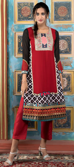 Red and Maroon color Salwar Kameez in Georgette fabric with Embroidered, Printed work