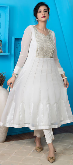 White and Off White color Salwar Kameez in Georgette fabric with Moti, Swarovski, Zari work