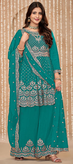 Blue color Salwar Kameez in Silk fabric with Embroidered, Sequence, Thread, Zari work