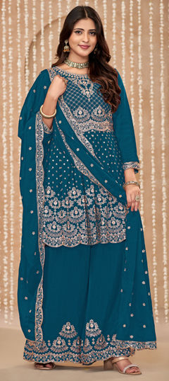 Blue color Salwar Kameez in Silk fabric with Embroidered, Sequence, Thread, Zari work