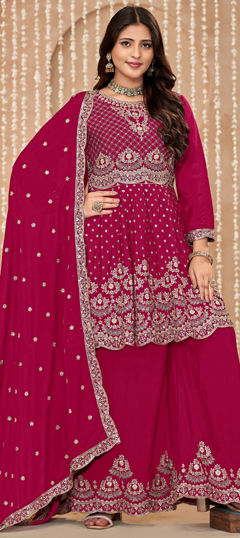 Pink and Majenta color Salwar Kameez in Silk fabric with Embroidered, Sequence, Thread, Zari work