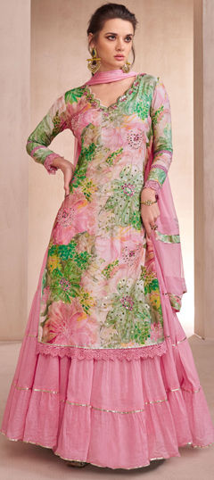 Pink and Majenta color Gown in Muslin fabric with Embroidered, Printed, Sequence, Thread work