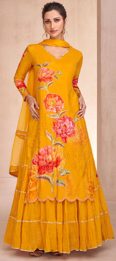 Yellow color Gown in Muslin fabric with Embroidered, Printed, Sequence, Thread work