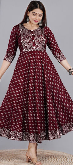 Red and Maroon color Gown in Rayon fabric with Foil Print work