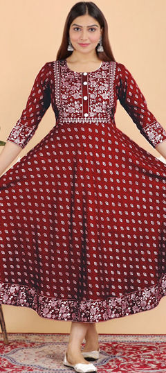 Red and Maroon color Gown in Rayon fabric with Foil Print work