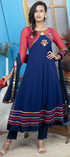 Engagement, Reception, Wedding Blue color Salwar Kameez in Georgette fabric with Anarkali Bugle Beads, Gota Patti work : 1962280