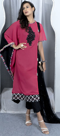 Engagement, Reception, Wedding Pink and Majenta color Salwar Kameez in Georgette fabric with Asymmetrical Embroidered, Mirror, Swarovski work : 1962281