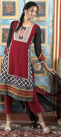 Engagement, Reception, Wedding Red and Maroon color Salwar Kameez in Georgette fabric with Straight Embroidered, Printed work : 1962282