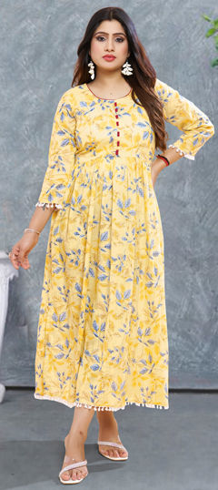 Yellow color Kurti in Rayon fabric with Digital Print, Lace work