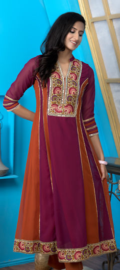 Pink and Majenta color Kurti in Georgette fabric with Embroidered, Thread work