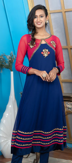 Blue color Kurti in Georgette fabric with Bugle Beads, Gota Patti work