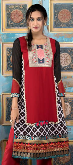 Red and Maroon color Kurti in Georgette fabric with Embroidered, Printed work