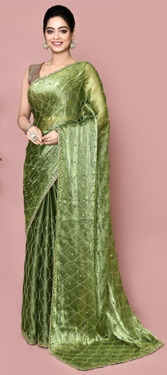 Bridal, Wedding Green color Saree in Chiffon fabric with Classic Bugle Beads, Thread work : 1962413