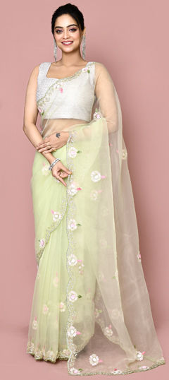 Green color Saree in Tissue fabric with Bugle Beads, Cut Dana, Stone, Thread work