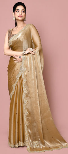 Gold color Saree in Chiffon fabric with Cut Dana, Stone, Thread work